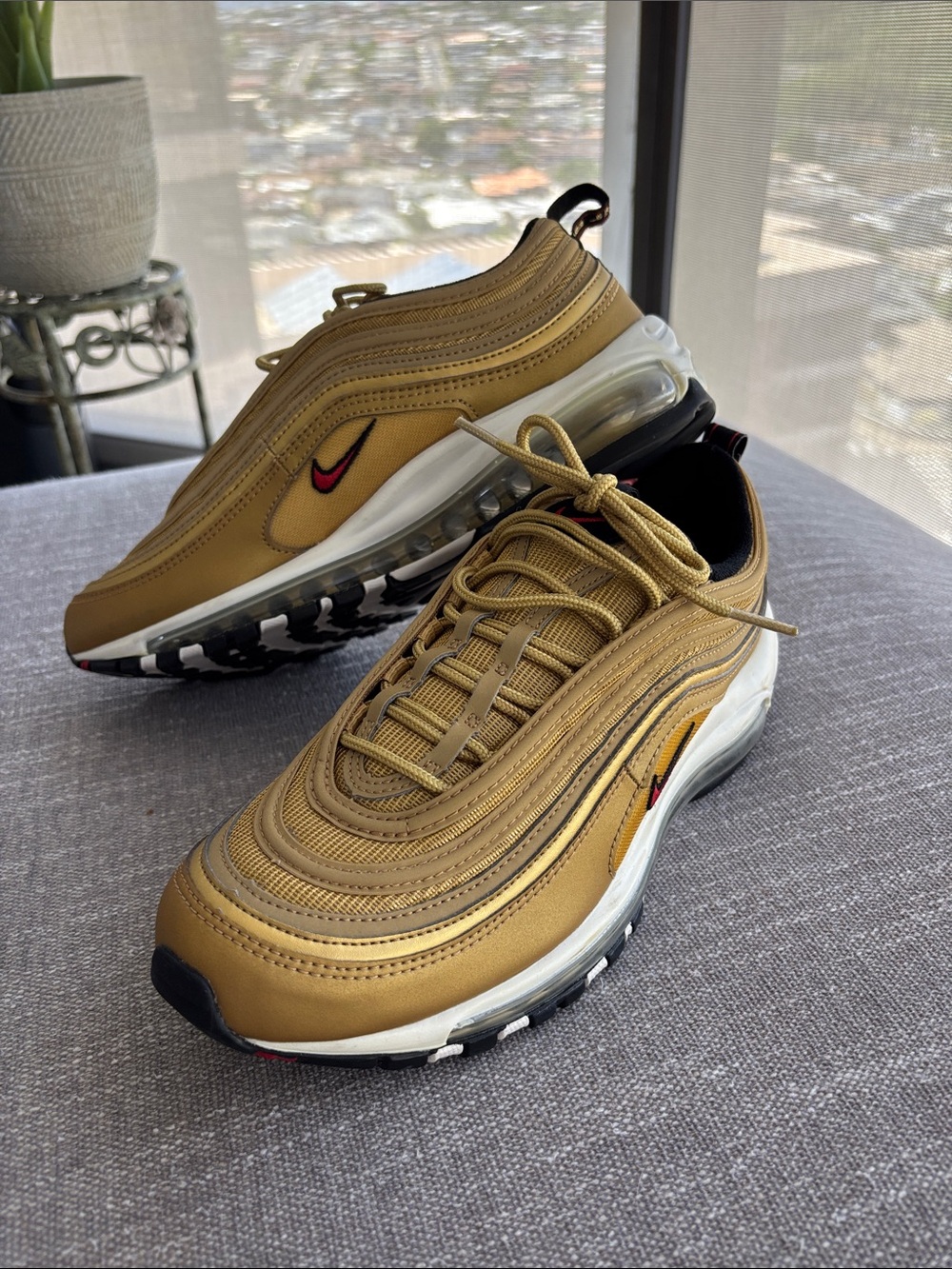 Nike Men’s Metallic Gold and Black Air Max 97 Sneakers with Red Swoosh